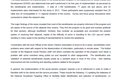 Assessment of the DSWD Social Pension Program Implementation