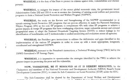 NEDA-SDC Resolution No. 2 series of 2009: “Sub-Committee on Social Protection (SCSP) under the NEDA Social Development Committee (NEDA SDC)”