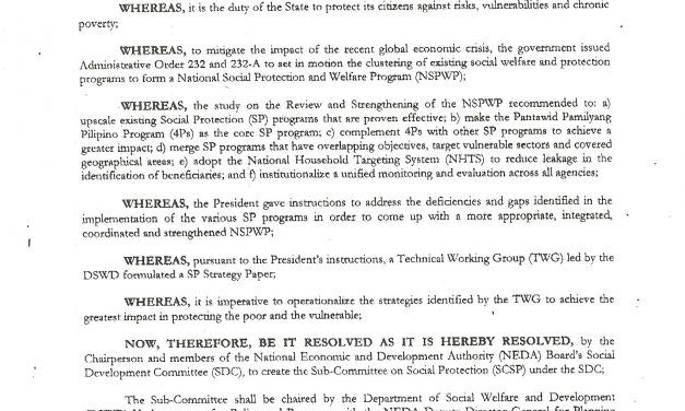 NEDA-SDC Resolution No. 2 series of 2009: “Sub-Committee on Social Protection (SCSP) under the NEDA Social Development Committee (NEDA SDC)”